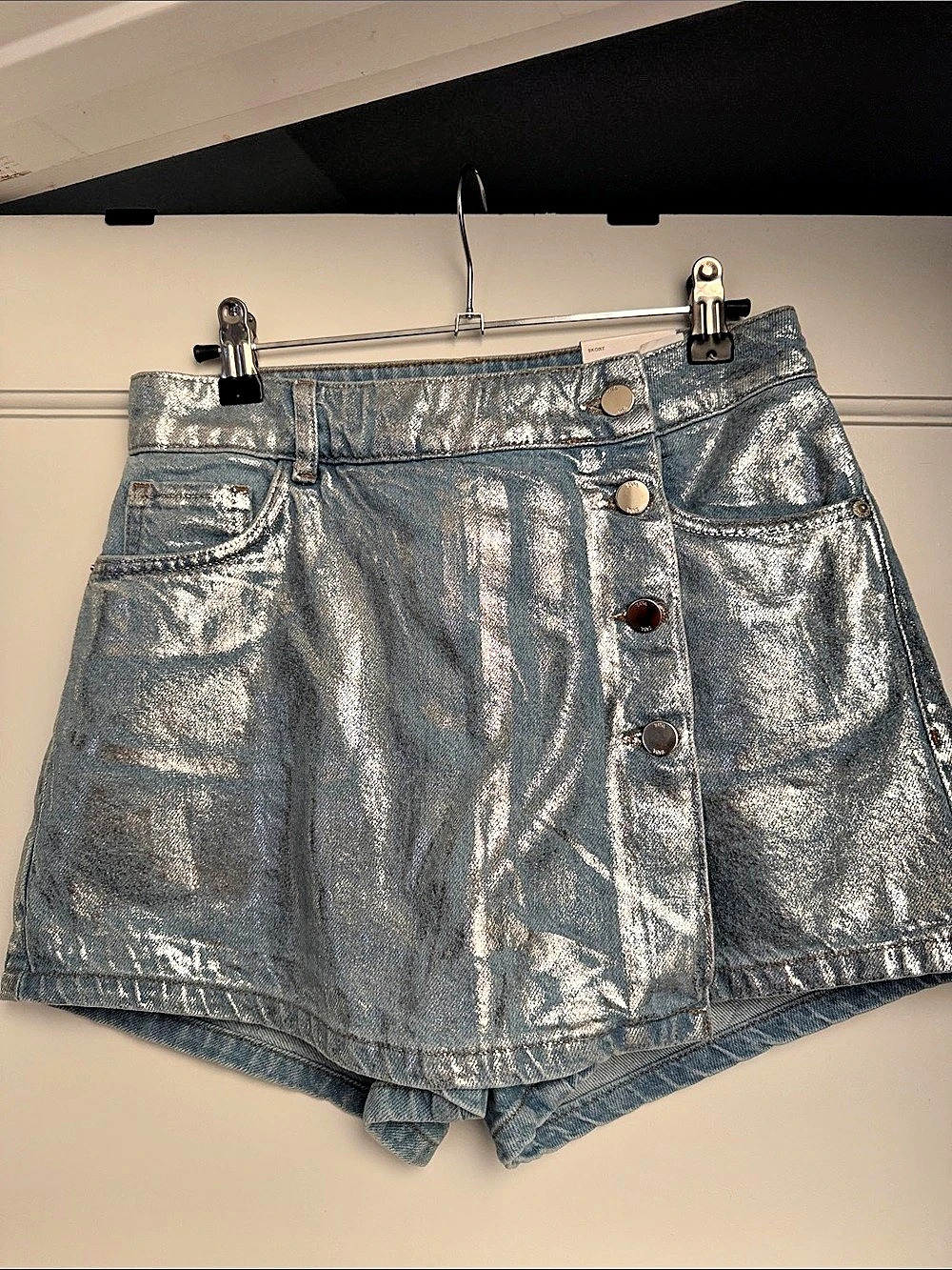 Zara Metallic Denim Skort Jean Shorts Silver Small